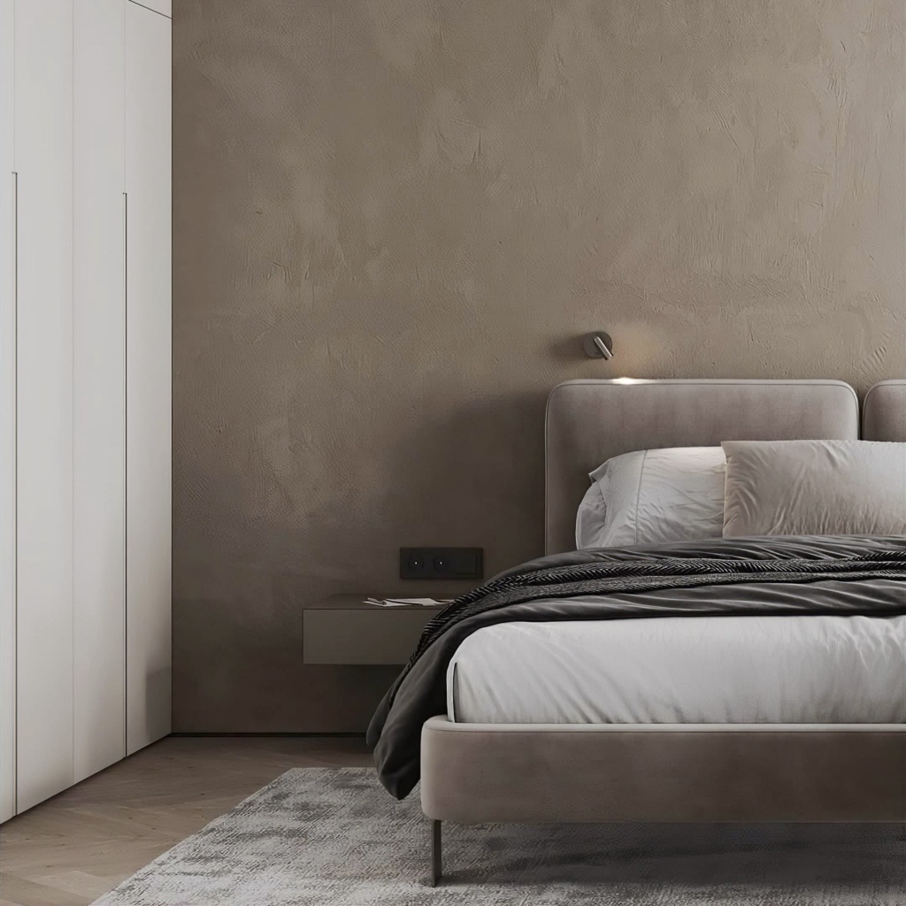 Кровать Тадао на ножках в интерьере в обивке: Domiart Marino 28, дизайн от: Дизайн-студия TANDEM. Фото 2