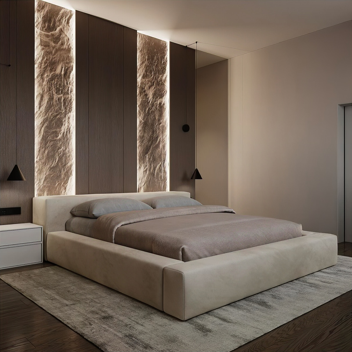 Низкая кровать Каспер в интерьере в обивке: Nortex Tiffany 01 Cream, дизайн от: @the.fount. Фото 2
