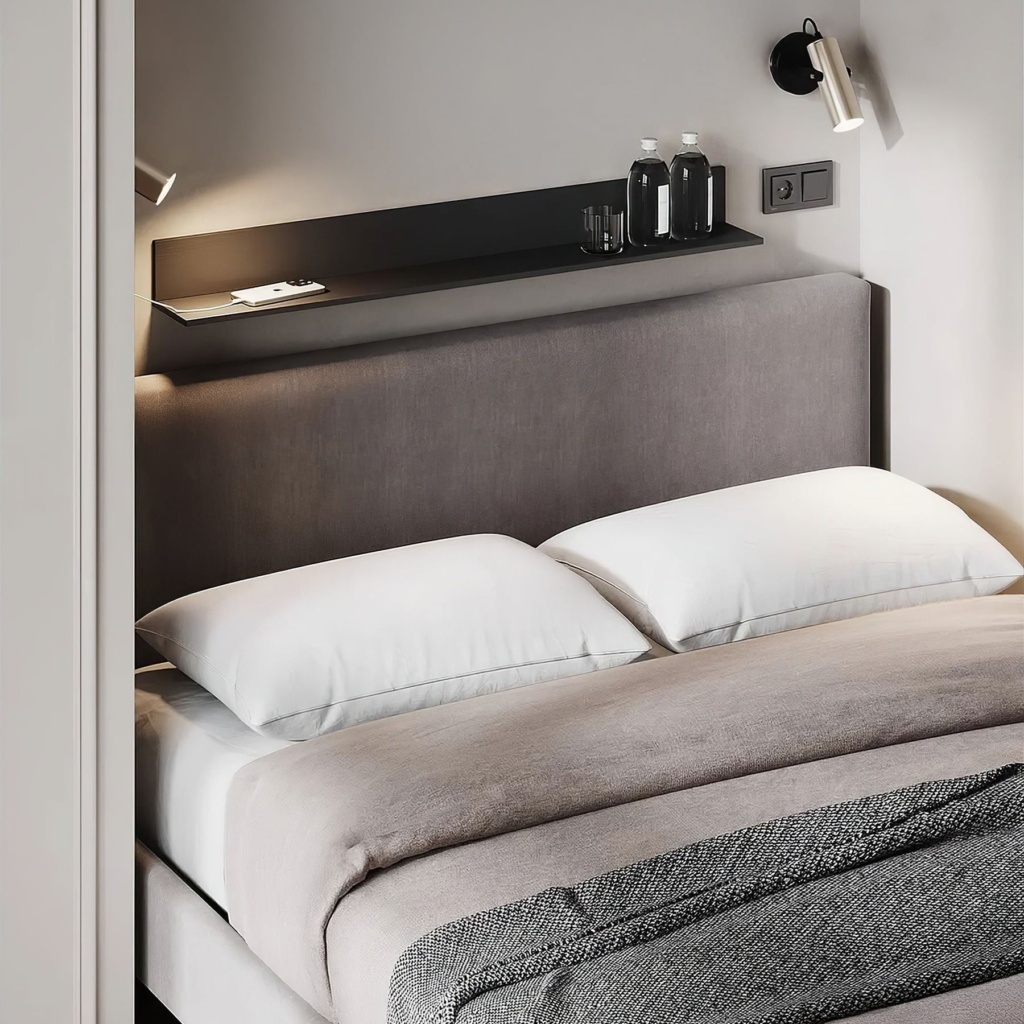 Кровать Кент на ножках в интерьере в обивке: Domiart Marino 28, дизайн от: Студия TS. Фото 1