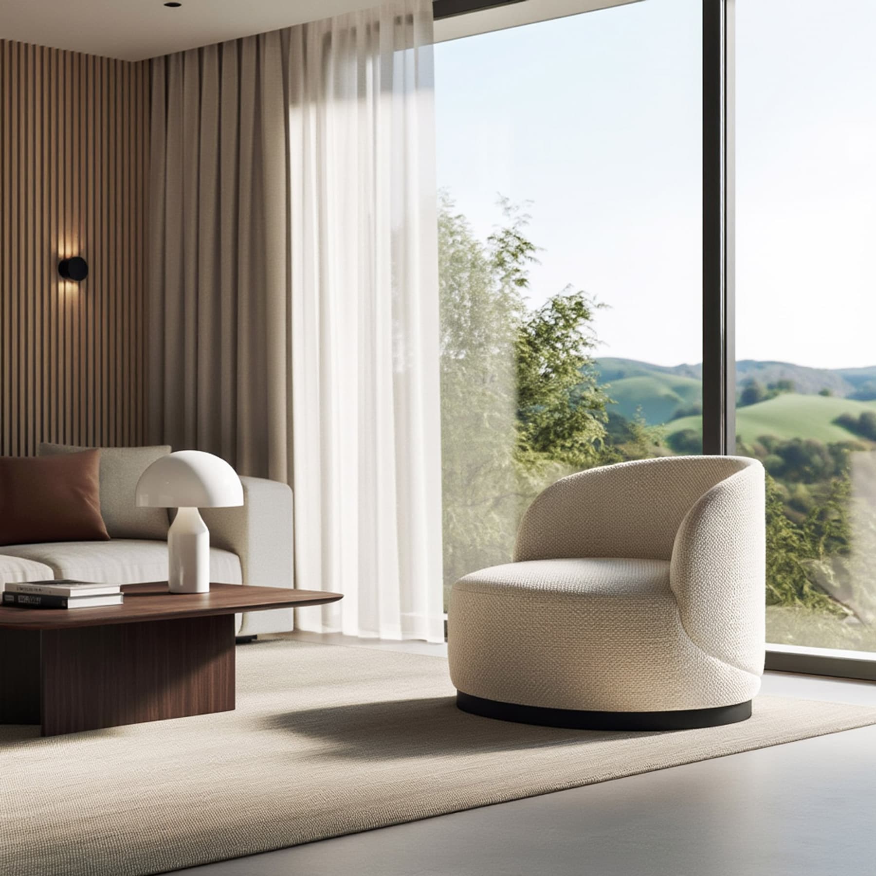 Круглое лаунж кресло Зефир в интерьере в обивке: Domiart Piano 01. Фото 6