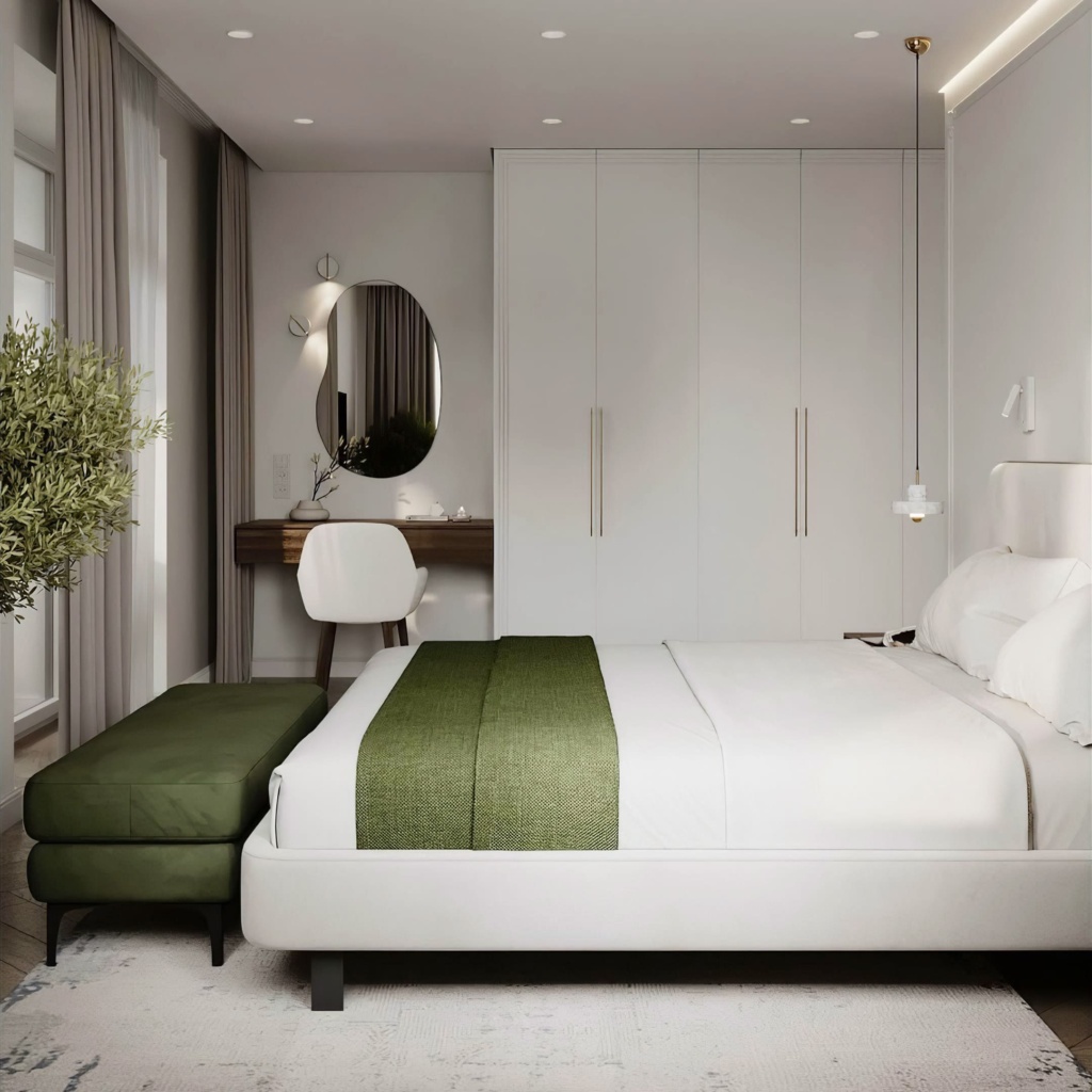 Кровать Барри на ножках в интерьере в обивке: Egida Teddy 302, дизайн от: Ксения Зотова. Фото 5