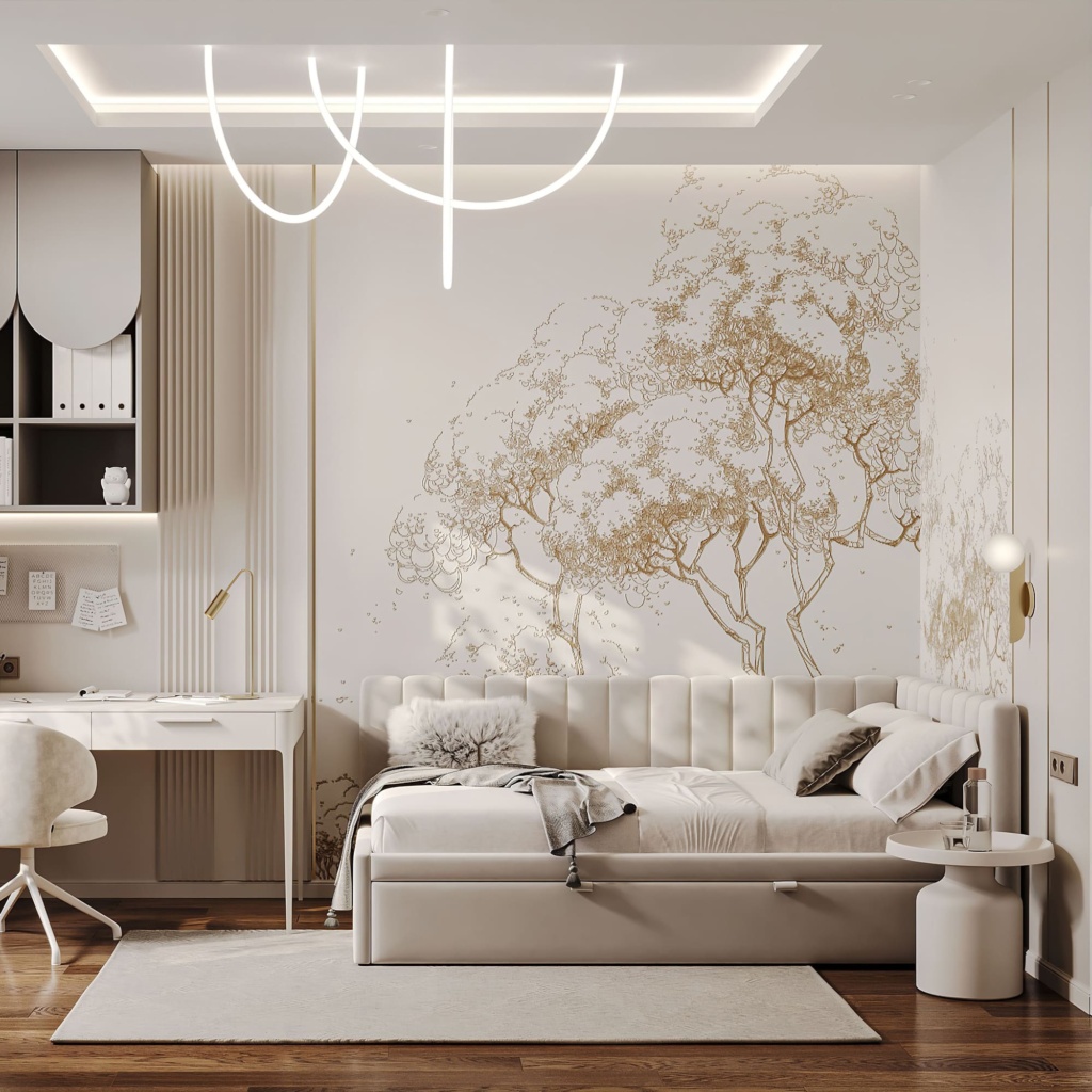 Детская кровать Натан с одним бортом в интерьере в обивке: Art Vision Afalin 01, дизайн от: Студия А+Б. Фото 1