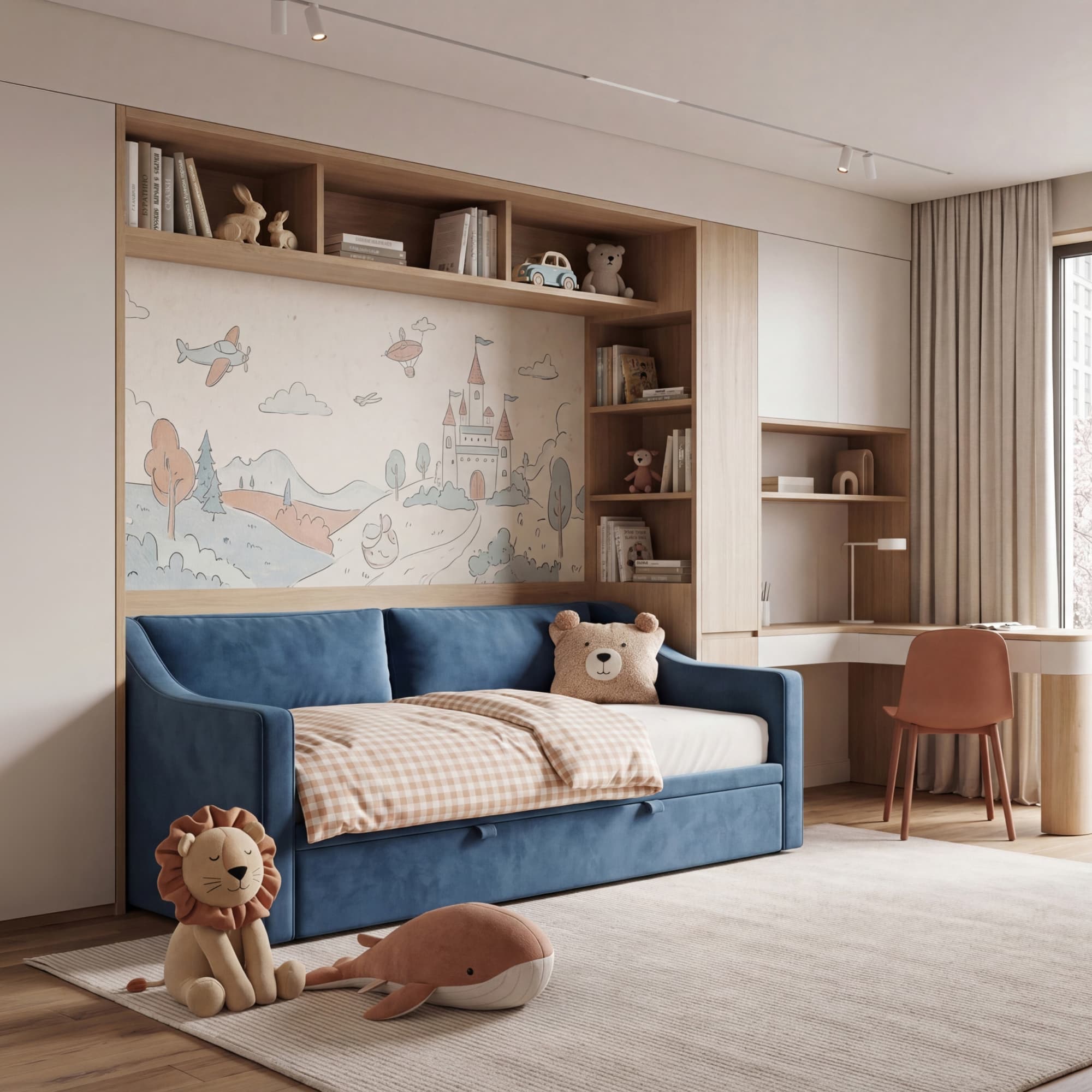 Детская кровать Майк в интерьере в обивке: Egida Teddy 930. Фото 2