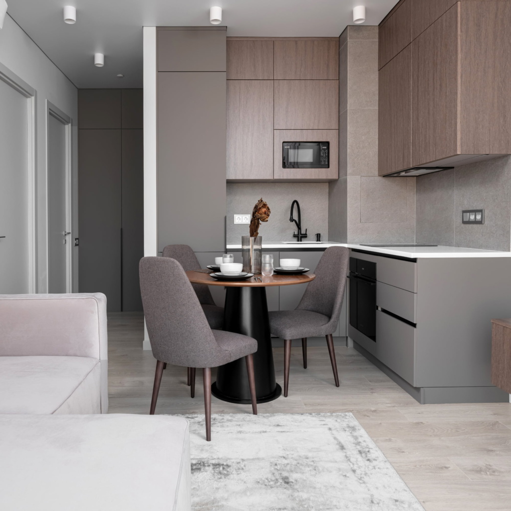 Высокий стул Эрвин в интерьере в обивке: Loft 03 Stone, дизайн от: Студия Юнны Лукинских. Фото 1