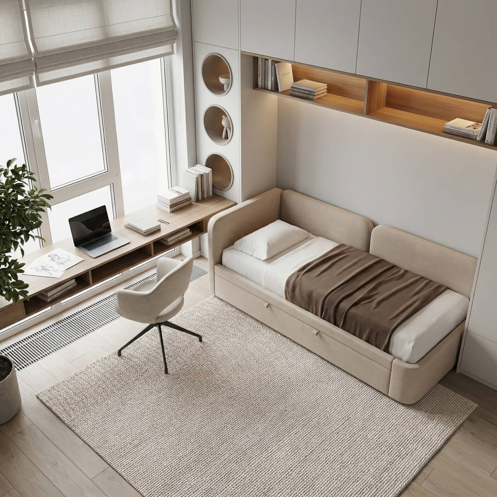 Детская кровать Оливер c одним бортом в интерьере в обивке: Domiart Marino 04. Фото 2