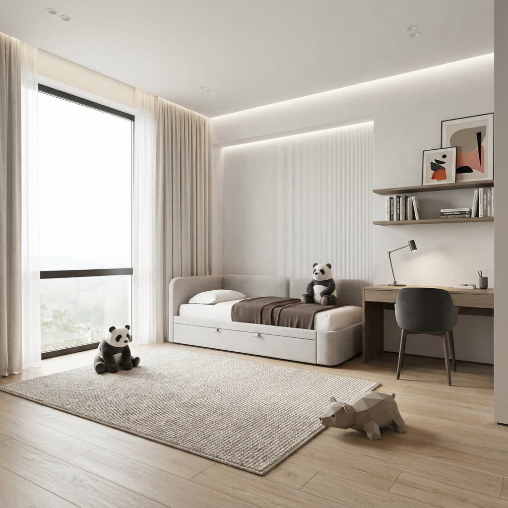 Детская кровать Оливер c одним бортом в интерьере в обивке: Domiart Marbel 107. Фото 3