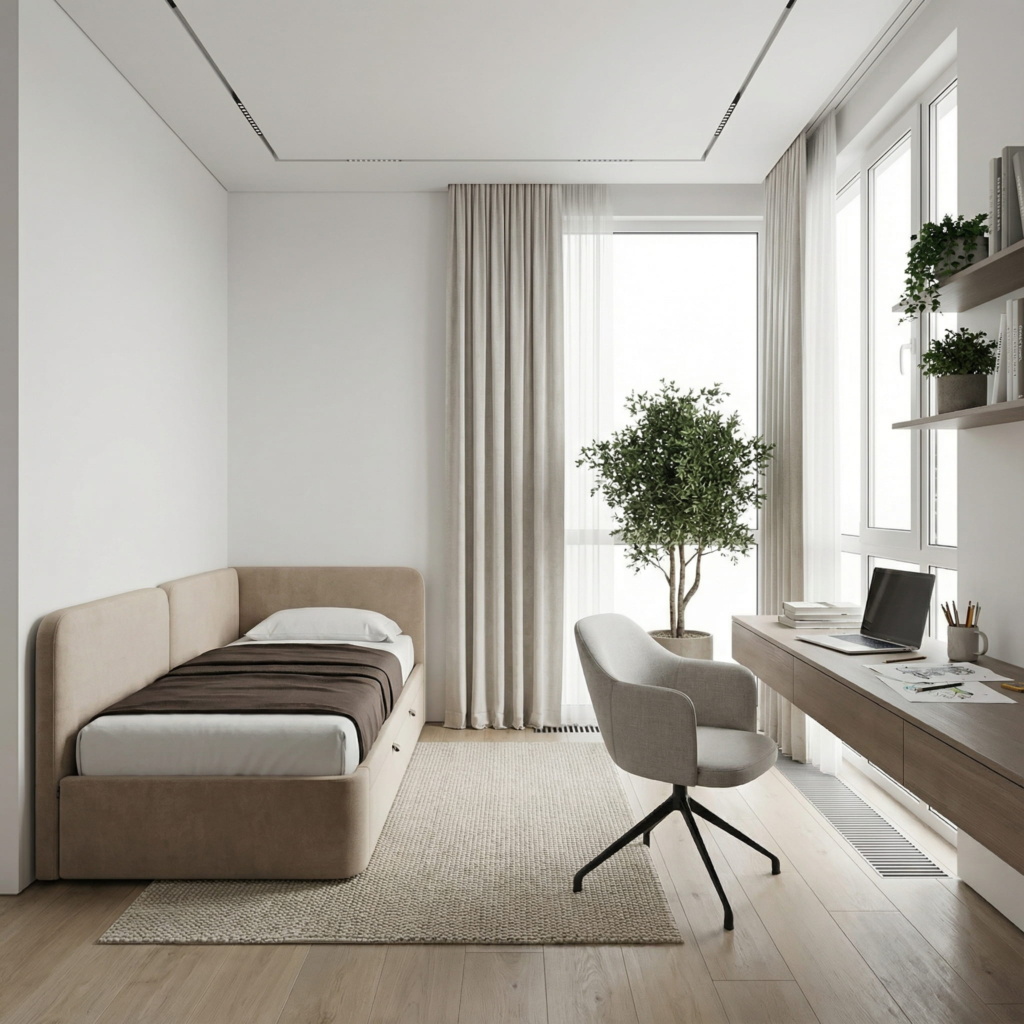 Детская кровать Оливер c одним бортом в интерьере в обивке: Egida Teddy 305. Фото 5