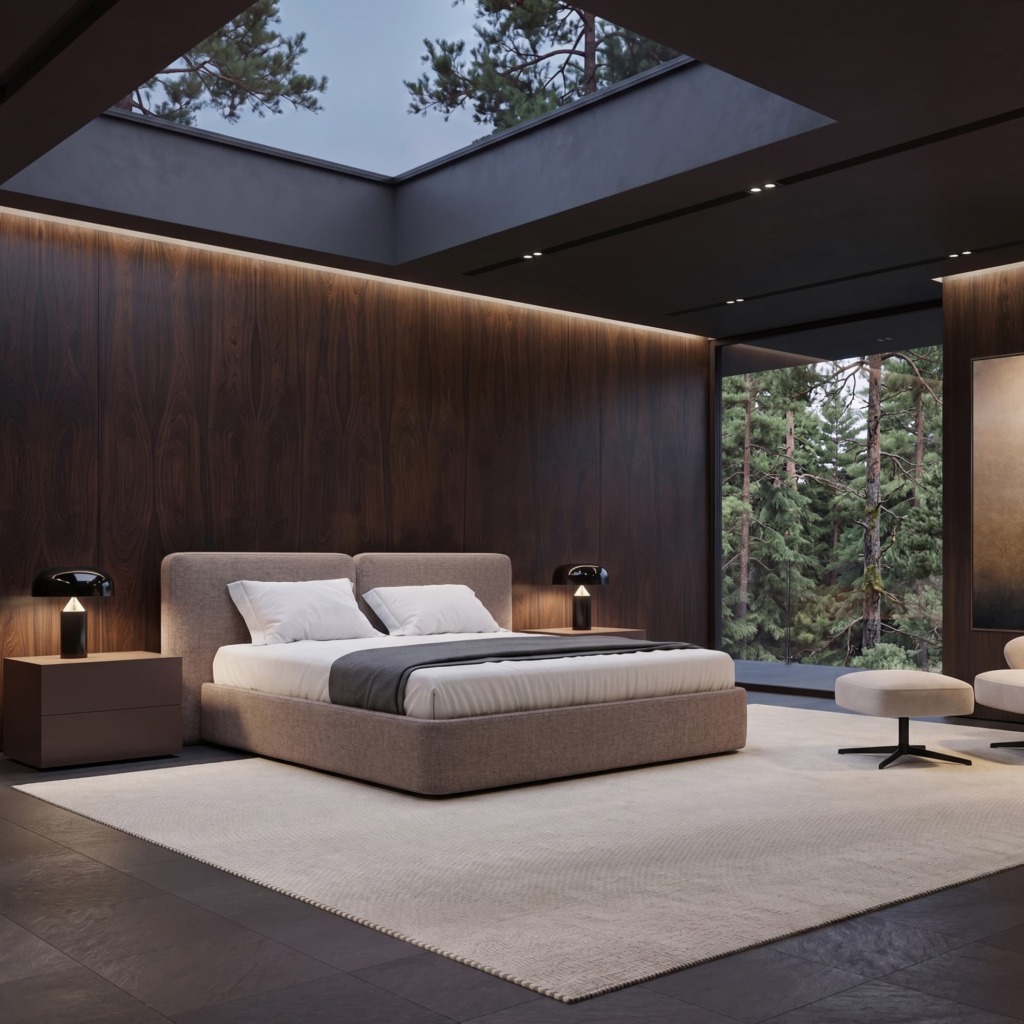 Кровать со сплошным основанием Тадао в интерьере в обивке: Domiart Piano 04. Фото 6